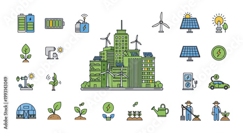 Set of renewable energy and sustainable green city icons in flat linear style