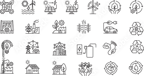 Renewable Energy and Sustainability Icon Set with Solar Power, Wind Energy, Recycling, Eco Friendly, Green Technology and Environmental Protection Outline Vector Collection