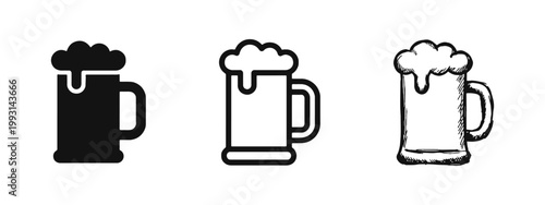 Beer Mug Icons with Foam in Solid Line Art and Hand-Drawn Sketch Styles
