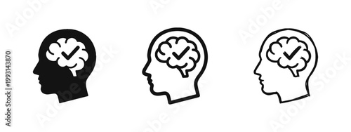 Mental Health and Logical Thinking Icons Showing Human Profile with Brain and Checkmark