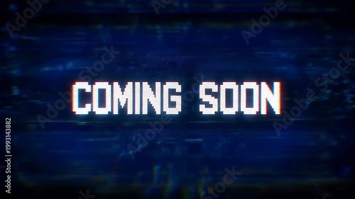 Coming soon text displayed on a dark blue pixelated digital screen with glitch effect