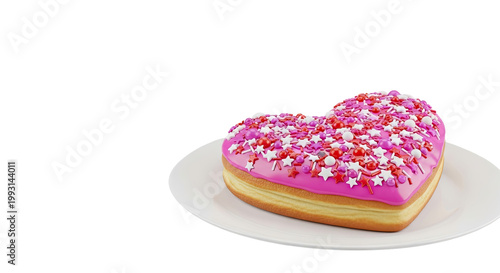 Heart-shaped donut with pink frosting and colorful sprinkles on a white plate