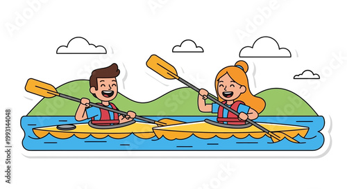 Flat design vector illustration of people paddling canoes on water during a sunny outdoor summer lifestyle activity