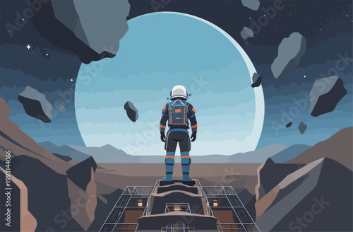 Astronaut Standing on Alien Planet with Asteroids