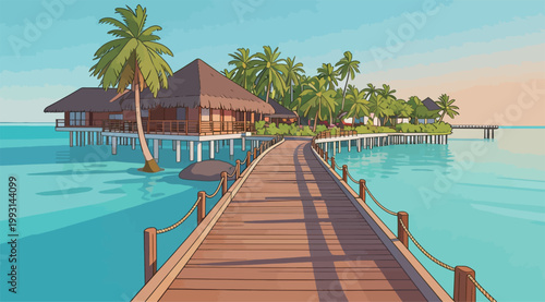 Tropical Resort Overwater Bungalows with Wooden Jetty