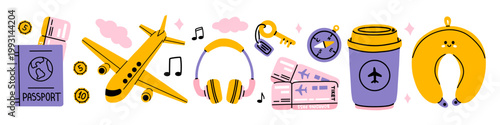 Vector travel clipart set with purple passport, pink ticket, yellow plane, coin, headphone, key with tag, compass, coffee cup, cute neck pillow. Vacation journey icon collection in flat doodle design.