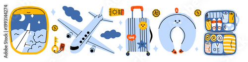 Vector set of cute travel essentials with airplane window, blue jet, sunscreen, suitcase, smiling neck pillow, packed luggage, coin, key. Vacation journey icon collection in flat doodle design.