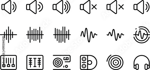 Audio Control and Sound Wave Icon Set with Volume Levels, Mute, Equalizer, Music Waveforms, Speakers, Headphones, and Sound Editing Symbols