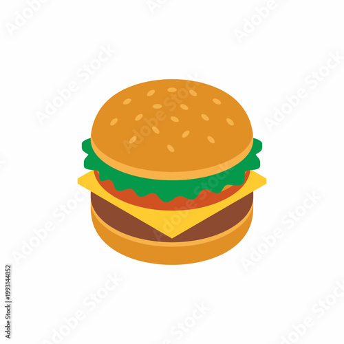 An isometric 3D icon illustration of a cheeseburger with lettuce and tomato