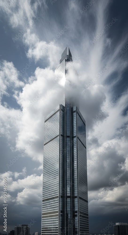 Obraz premium Dramatic Skyscraper Soaring into Cloudy Sky in Cityscape.