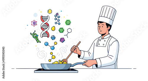 Male chef cooking with molecular structures and DNA helix symbols