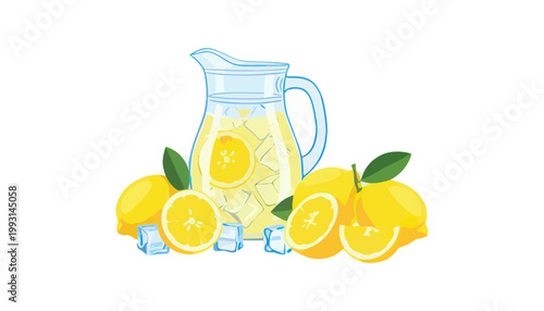 Fotografía Glass pitcher of fresh lemonade with ice and lemons on a white background