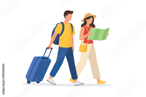 Young couple traveling together walking with suitcase and looking at paper map illustration