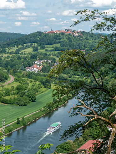View of the idyllic Neckar Valley in Germany with the Dilsberg mountain fortress in the background