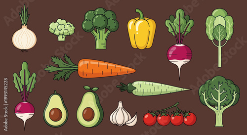 Collection of fresh and healthy vegetables arranged on a brown background.