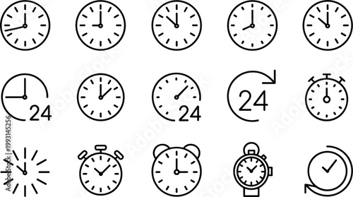 Clock and Time Tracking Icon Set with Analog Watches, 24 Hour Cycle, Stopwatch, Alarm Clock, Countdown, and Time Management Symbols
