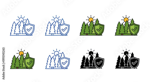 Forest and shield icon set symbolizing nature protection and safety.