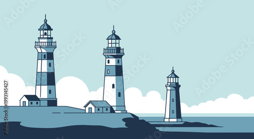 Flat vector illustration of three lighthouses on a coastal shoreline with blue sky and clouds