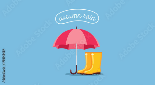 Pink umbrella and yellow rubber rain boots for autumn season vector illustration.