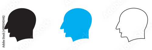 Human head silhouette icon set . Minimalist vector illustration of human head silhouettes in different styles, including solid, colored, and outlined versions for design use.