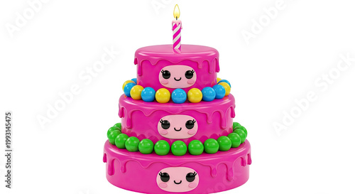 Three-tiered pink cake with cute faces and colorful candy balls