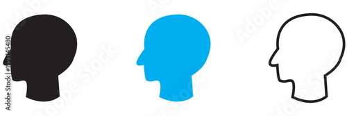 Human head silhouette icon set . Minimalist vector illustration of human head silhouettes in different styles, including solid, colored, and outlined versions for design use.