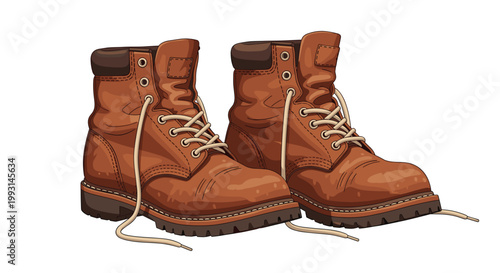 A pair of seasoned brown leather work boots sits at a slight angle with loose untied laces and natural wear creases against a pristine white background.