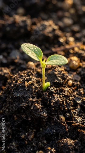 Tiny Green Seedling Sprouts From Rich Dark Soil Bathed In Warm Golden Morning Sunlight With Dew Drops On Leaves