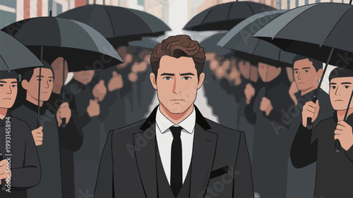 Man in Formal Suit with Umbrella Crowd Background
