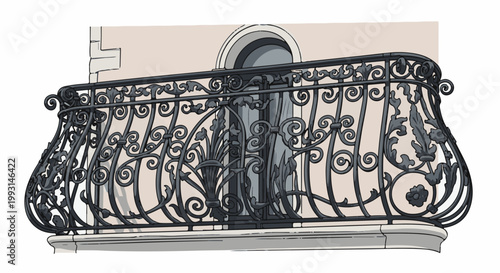 Elaborate wrought iron balcony with ornate scrollwork and leaf motifs on a pale building