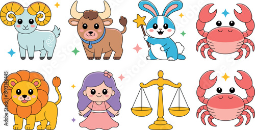Cute zodiac animals cartoon vector set with Aries ram, Taurus bull, Cancer crab, Leo lion, Libra scales, Virgo girl, colorful astrology characters