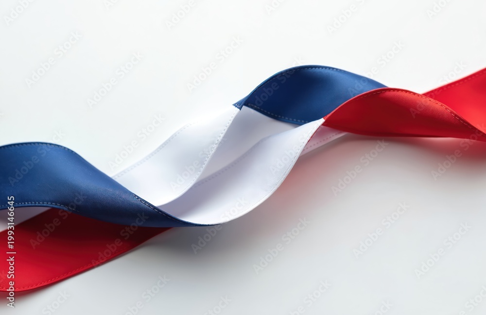 Obraz premium Fabric ribbon curves in blue white and red. Wavy material shows French flag colors. Smooth satin texture on isolated white background. Decoration for national events celebrations holidays.