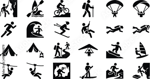 Black pictogram collection of extreme sports and outdoor adventure activities showing climbing, biking, hiking, diving, surfing, and camping symbols in a minimalist graphic ..
