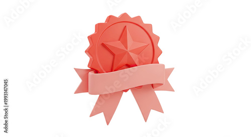 3D Rendered Red Star Badge with Pink Ribbon