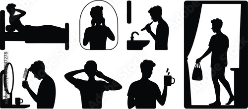Black silhouette vector illustration showing complete morning routine activities from waking up, grooming, stretching, drinking coffee to leaving home