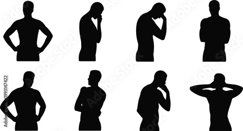 Black silhouette vector illustration showing diverse standing people in different body language poses expressing gestures, posture, and nonverbal communication