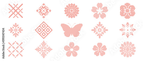 Hand Drawn Cross Stitch Embroidery Pattern Set with Floral Geometric Motifs Butterfly and Ornamental Folk Elements Vector Illustration