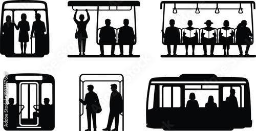 Set of six black silhouette vector illustrations showing passengers sitting and standing inside bus or train public transportation commuting scenes