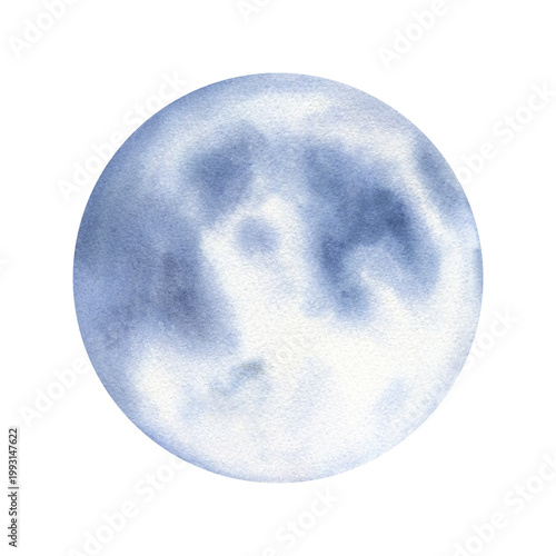 Watercolor full moon illustration on isolated background. Stylized moon of November in soft cold tones with brush textures. Hand painted astrology circle for lunar magic designs, blogs.