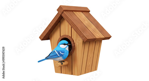 Blue bird on a wooden birdhouse