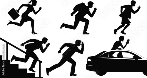 Silhouette figures running with briefcase, backpack, skirt, stairs, car, phone, representing urgency, commuting, travel, business, and everyday motion scenes