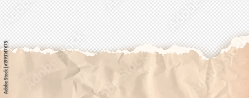 Cardboard horizontal top border with folded and torn paper beige teture. Rip note ripped with texture piece strip, notebook fold brown. Scrap page carton on like png bg with wrinkle edges for collage.