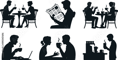 Silhouette people drinking coffee, reading newspaper, working on laptop, social conversation, café lifestyle, coffee shop activity vector illustrationSilhouette