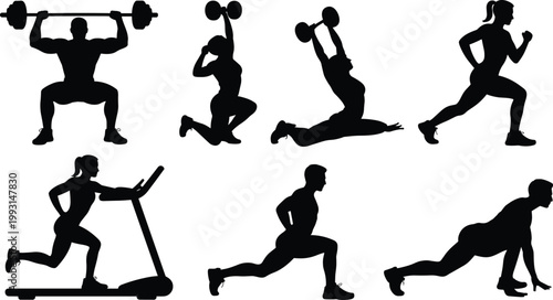 Vector silhouettes of diverse fitness exercises including weightlifting, running, treadmill, lunges, and stretching poses for health training illustration content