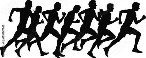 Vector silhouettes of dynamic running stride sequence showing athletic motion stages, fitness training, sports biomechanics, and exercise illustration design content
