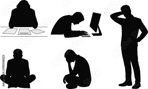 Vector silhouettes of stressed, tired, thoughtful people in different poses showing fatigue, contemplation, exhaustion, workplace burnout, emotional strain, reflection.