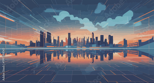 Digital Cityscape with Futuristic Skyscrapers and Reflections