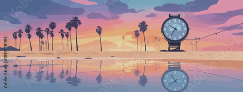 Palm Trees and Clock on Sunset Beach