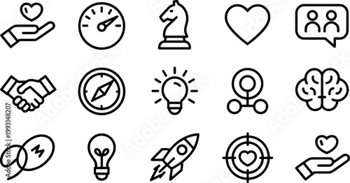 Leadership and Motivation Icon Set with Strategy, Teamwork, Innovation, Goals, Love, Partnership, Brainstorming, and Success Symbols for Business Growth