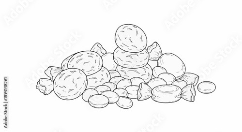 A black and white drawing of a pile of assorted candies